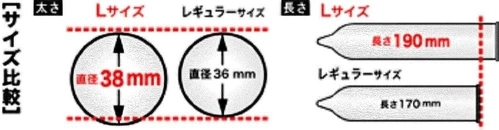 Size chart comparing L and regular sizes: width 38 mm versus 36 mm, length 190 mm versus 170 mm
