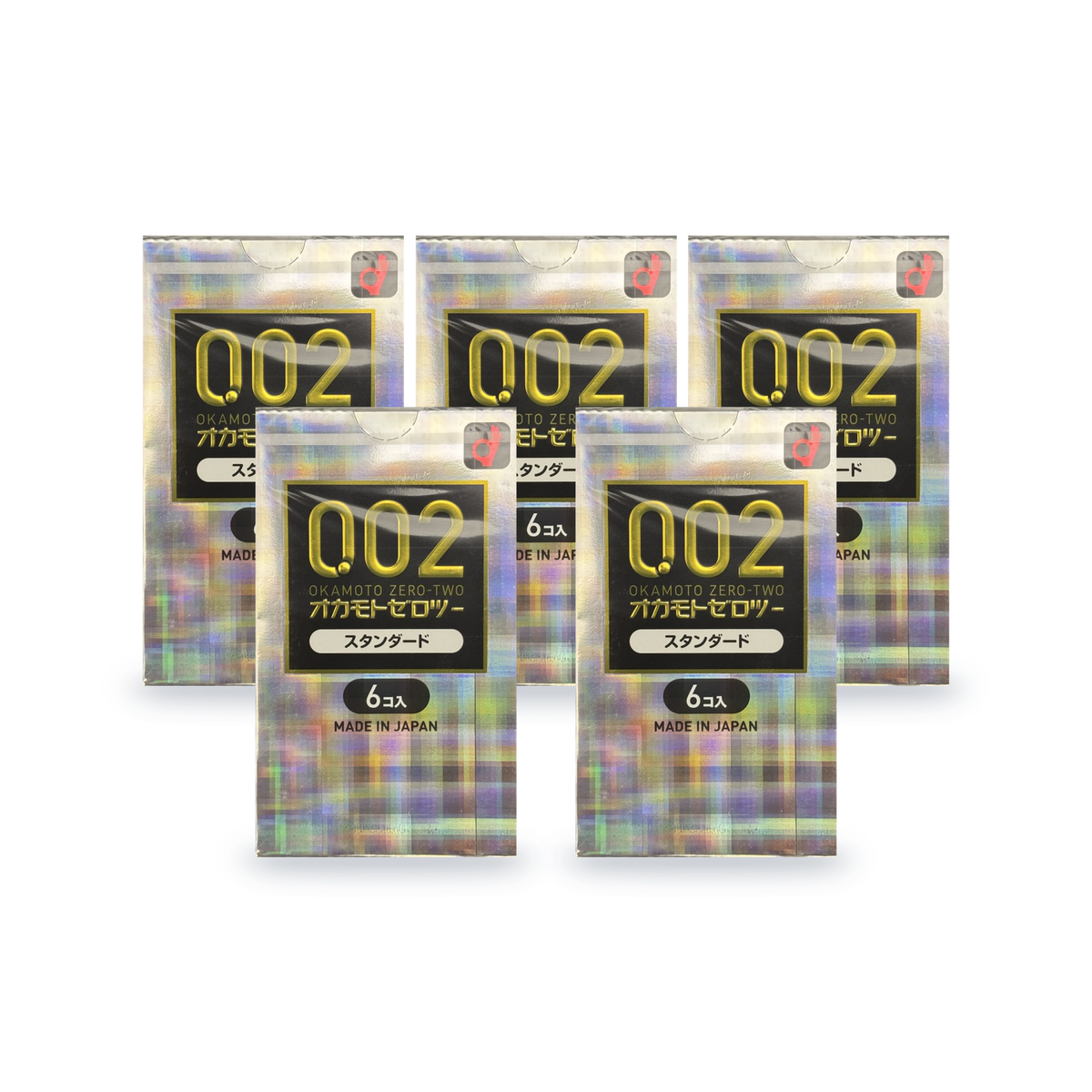 Five Okamoto Zero-Two 002 Standard retail boxes, 6 condoms per box, Japanese packaging, front view
