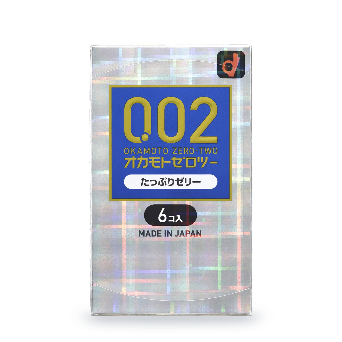 One Okamoto Zero-Two 002 retail box with blue label in Japanese packaging, 6 condoms, front view