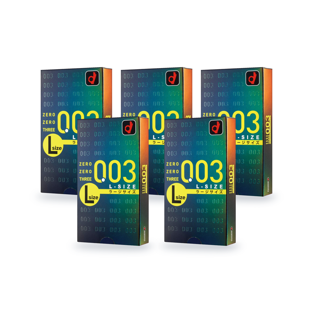 Five Okamoto 003 L-Size retail boxes in two rows, front and side view