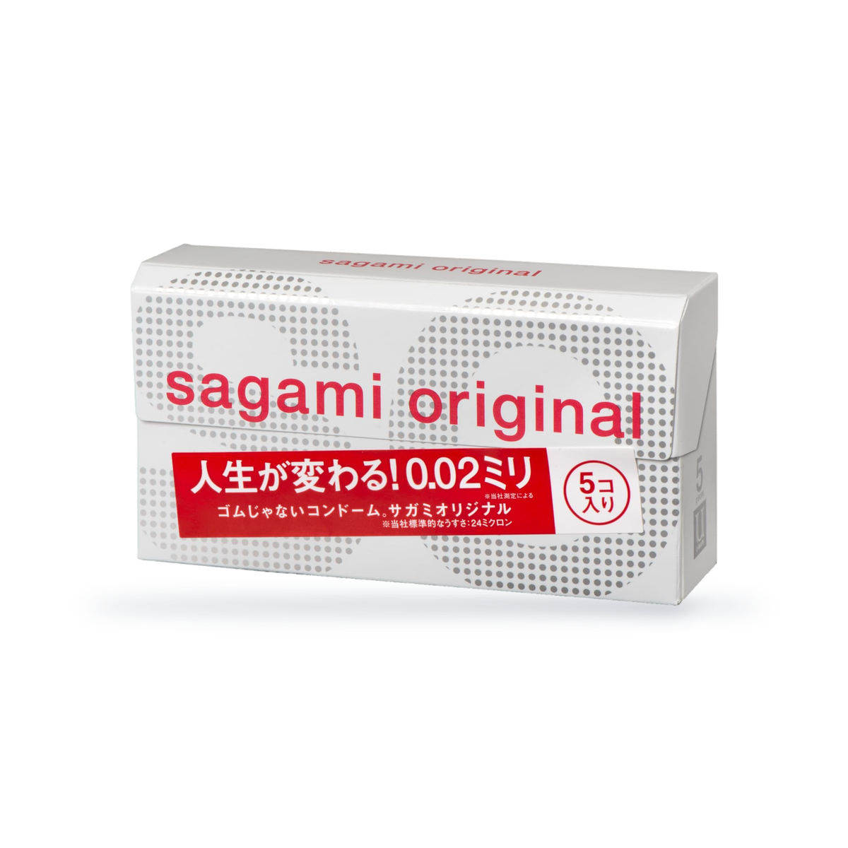 One Sagami Original 002 retail box in white dotted Japanese packaging with a red label with a white tab marked 5 pieces, angled front view