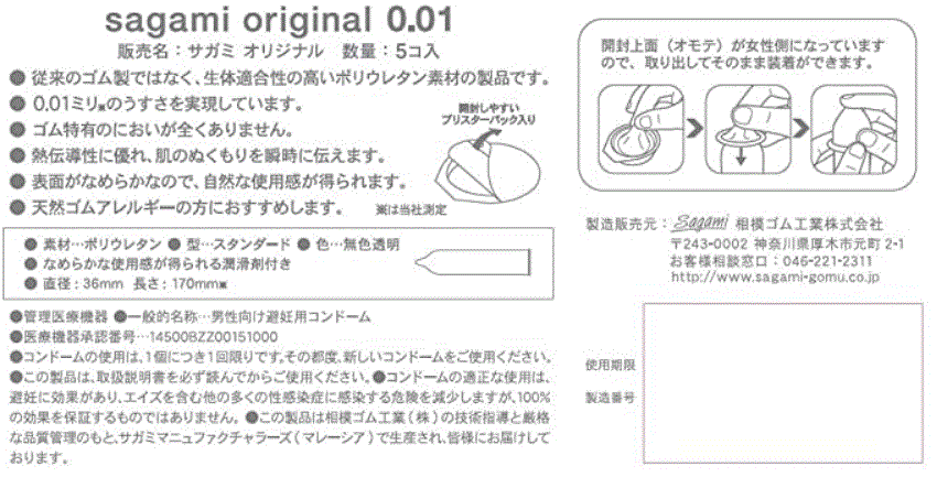 Sagami Original 001 retail box back text in Japanese