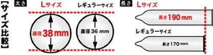 Size chart comparing L and regular sizes: width 38 mm versus 36 mm, length 190 mm versus 170 mm