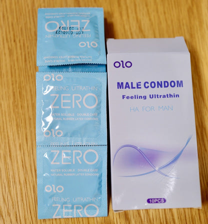 OLO Man retail box with blue foil condom wrappers