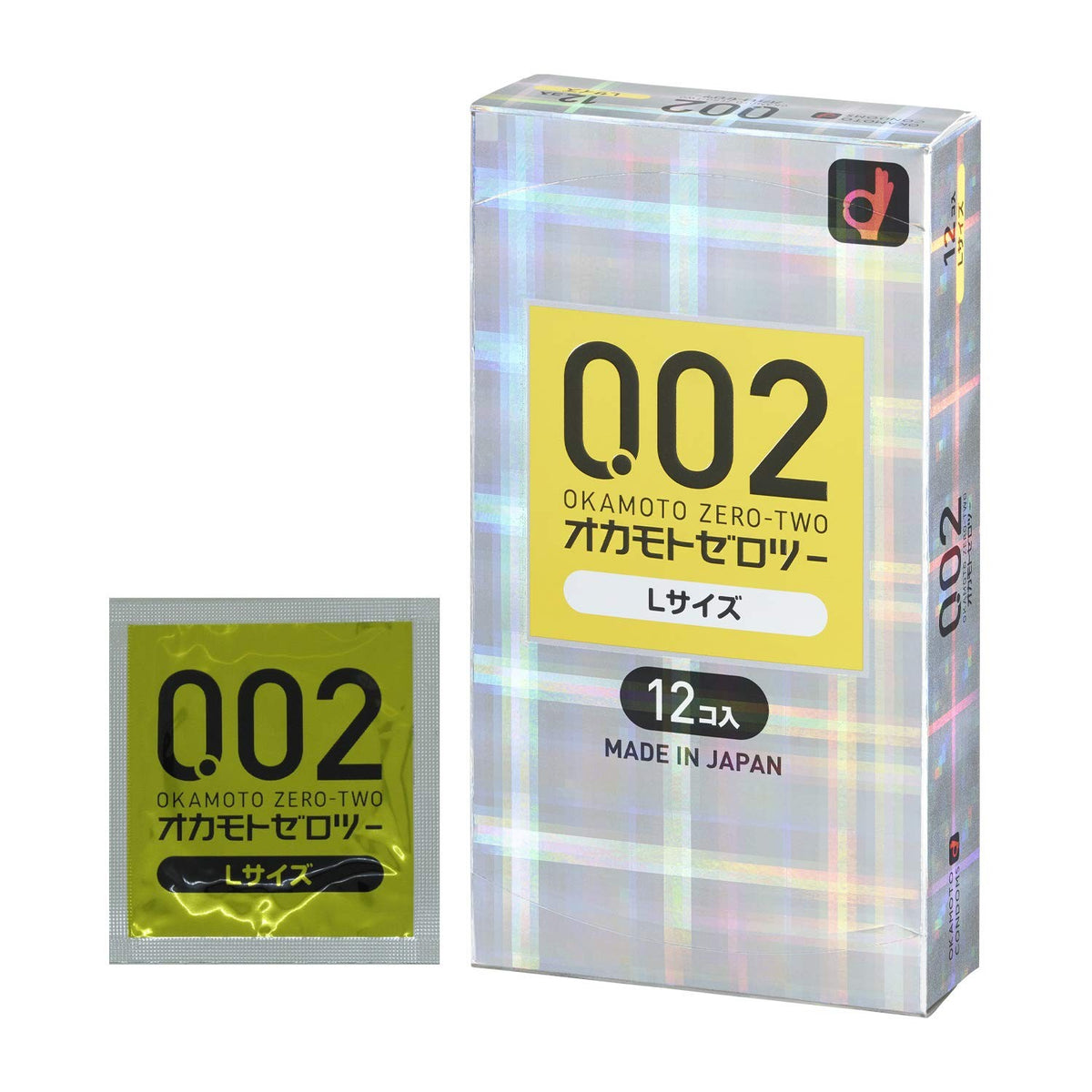 Okamoto 002 L retail box beside an individually wrapped condom