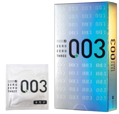 Okamoto 003 retail box beside an individually wrapped condom