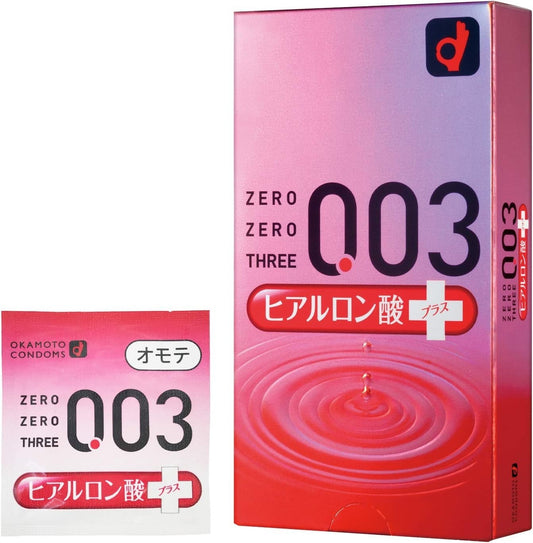 Okamoto 003 Hyaluronic Acid retail box with an individually wrapped condom