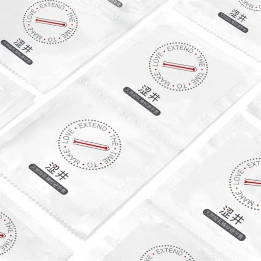 Drywell condom wrappers, close-up