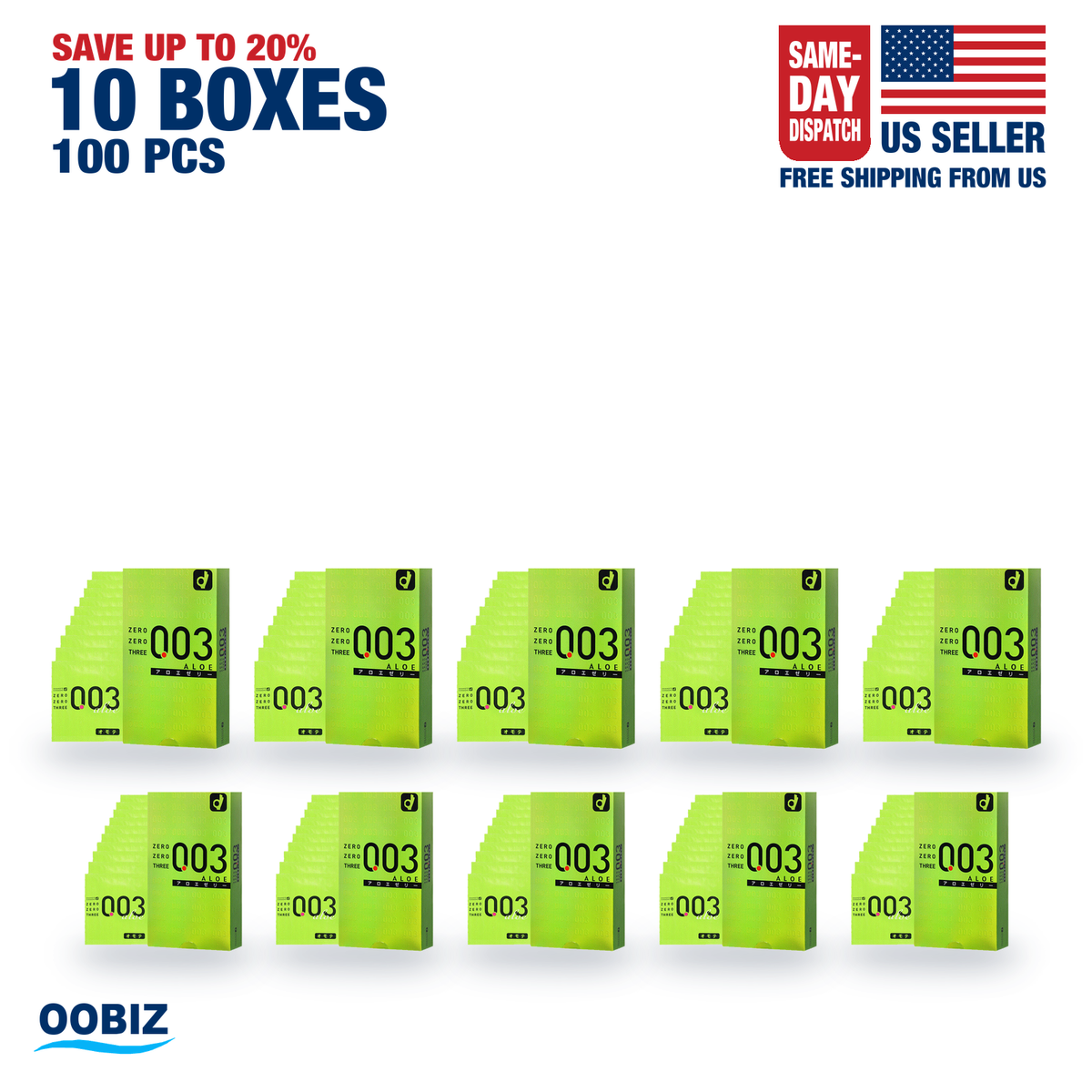 Ten Okamoto 003 Aloe retail boxes in two rows