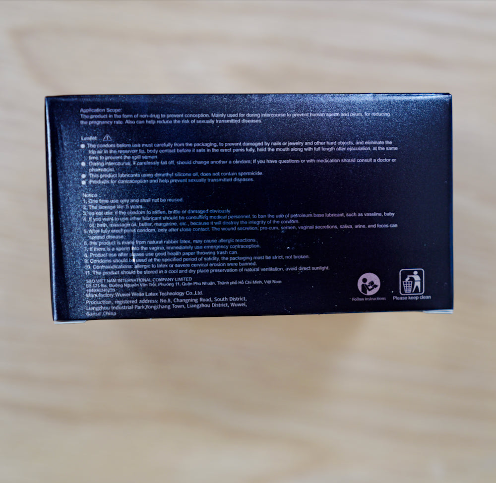 Shex x OLO retail box back panel with English usage text