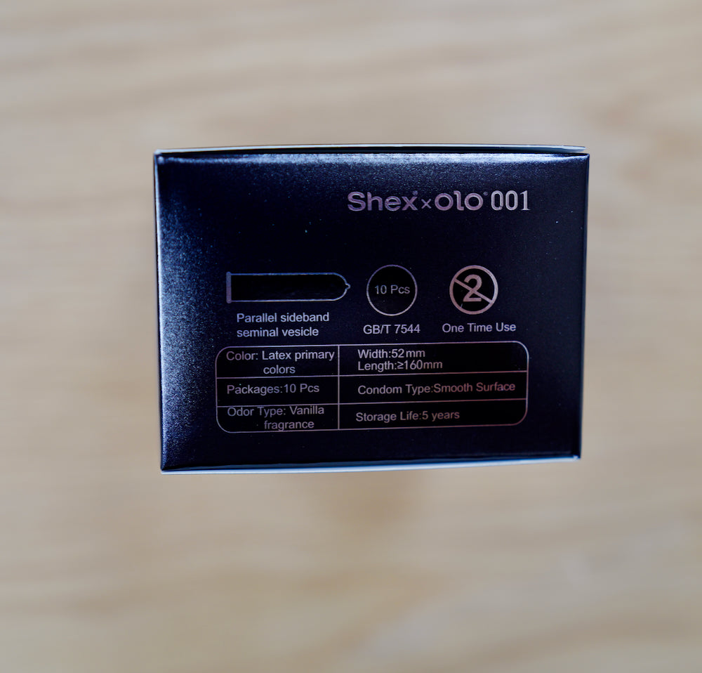 Shex x OLO 001 retail box side panel with specification details