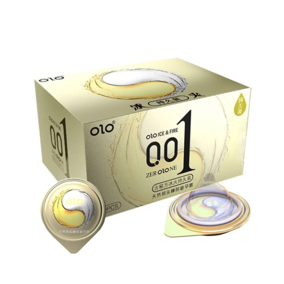 OLO 001 yin-yang design retail box with a round condom wrapper