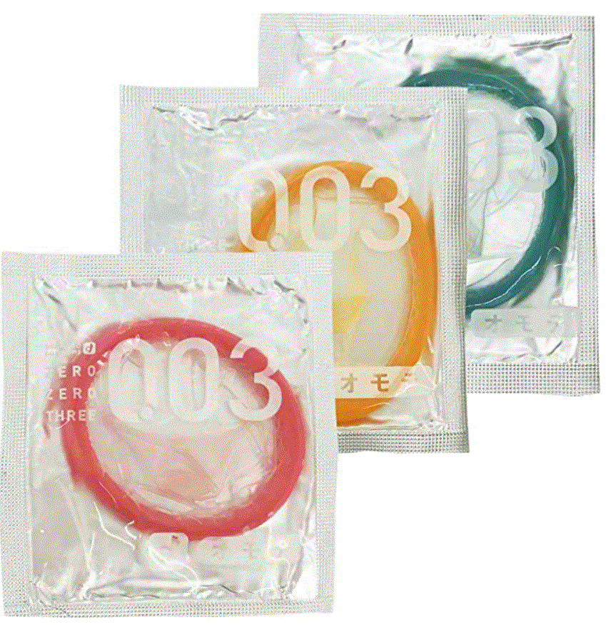 Three Okamoto 003 condom wrappers in red, orange and green