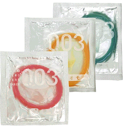 Three Okamoto 003 condom wrappers in red, orange and green