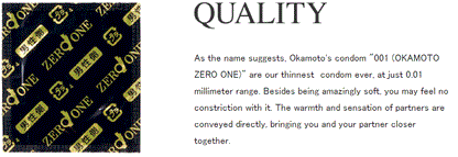 Okamoto 001 condom wrappers beside an English text panel