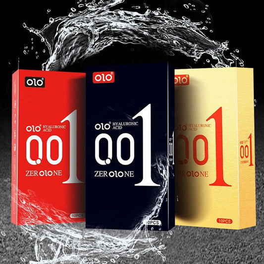 OLO ZEROLONE 001 retail boxes in red, black and gold, 10 condoms each