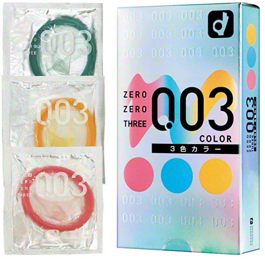 Okamoto 003 3 Colors retail box beside three colored condom wrappers