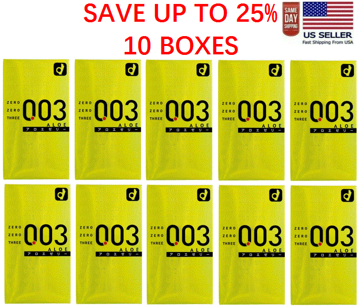Ten Okamoto 003 Aloe retail boxes, front view, in two rows