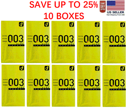 Ten Okamoto 003 Aloe retail boxes, front view, in two rows