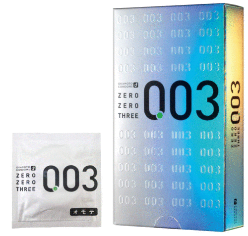 Okamoto 003 retail box beside an individually wrapped condom