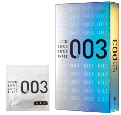 Okamoto 003 retail box beside an individually wrapped condom