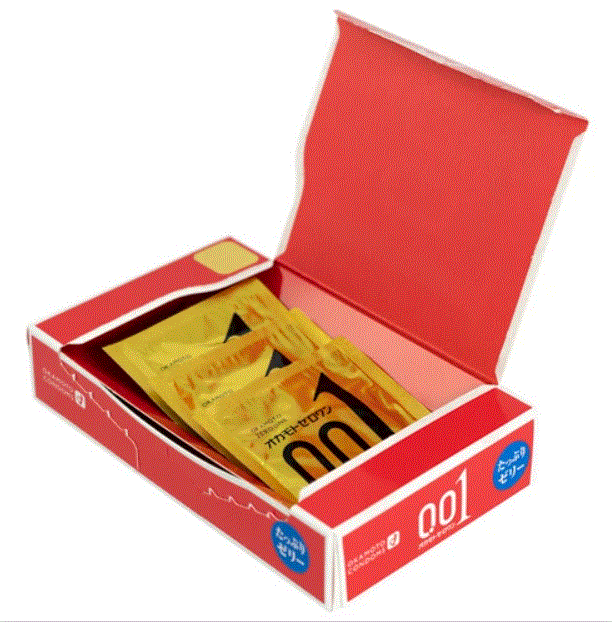 Open Okamoto 001 Rich Lubricant retail box showing gold condom wrappers