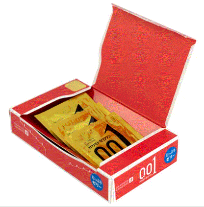 Open Okamoto 001 Rich Lubricant retail box showing gold condom wrappers