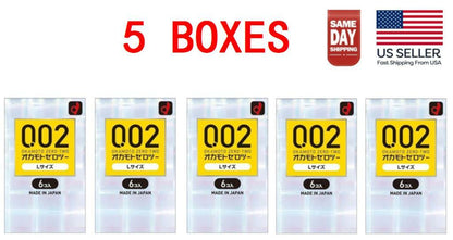 5 retail boxes of Okamoto 002 L, 6 condoms each