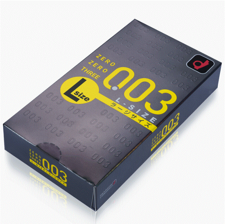 Okamoto 003 L retail box, angled view