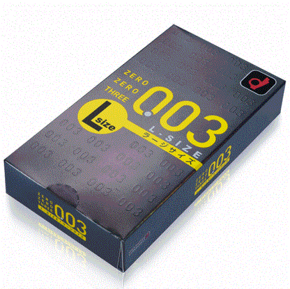Okamoto 003 L retail box, angled view