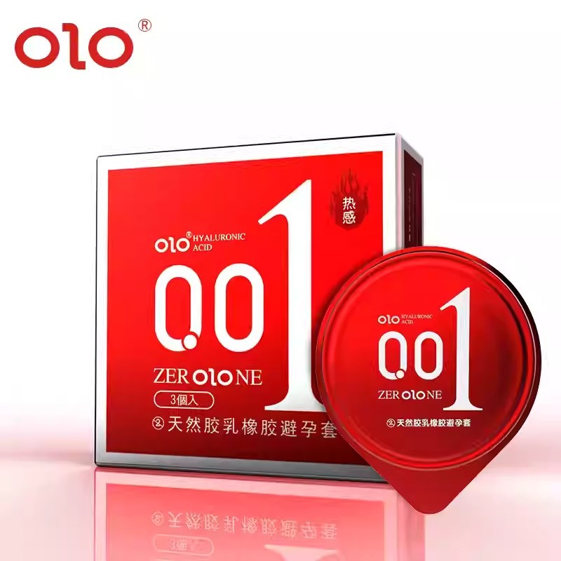 OLO 001 Red 3-piece retail box with a round condom wrapper