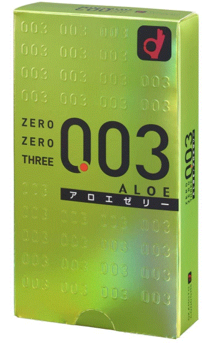 Okamoto 003 Aloe retail box, angled view