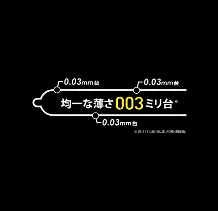 Diagram of Okamoto 003 uniform 0.03 mm thickness with Japanese text