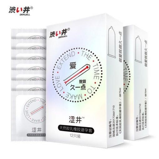 Two Drywell 12-piece retail boxes with condom wrappers