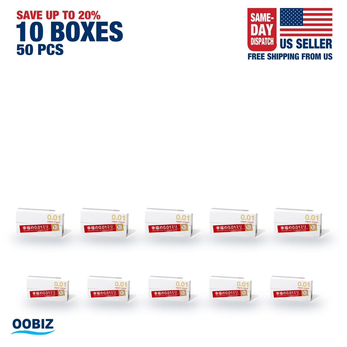 Ten Sagami Original 001 retail boxes in two rows