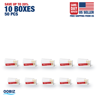 Ten Sagami Original 001 retail boxes in two rows