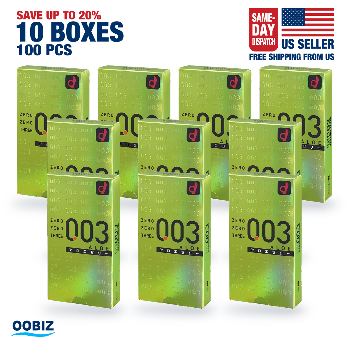 10 retail boxes of Okamoto 003 Aloe, 10 condoms each