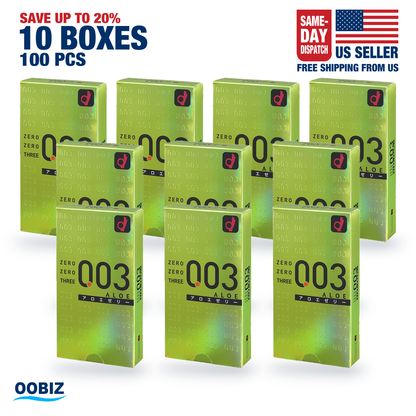 10 retail boxes of Okamoto 003 Aloe, 10 condoms each