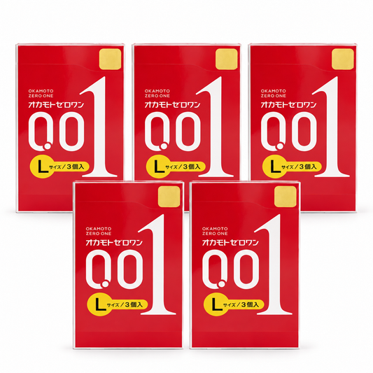 Five Okamoto 001 L retail boxes, front view