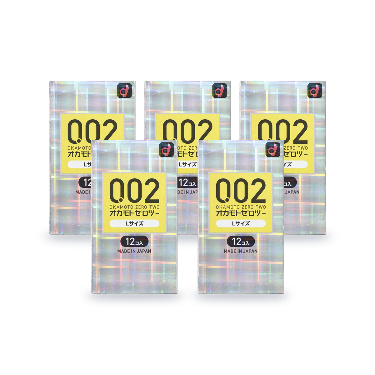 Five Okamoto Zero-Two 002 L size retail boxes, 12 condoms per box, Japanese packaging, front view