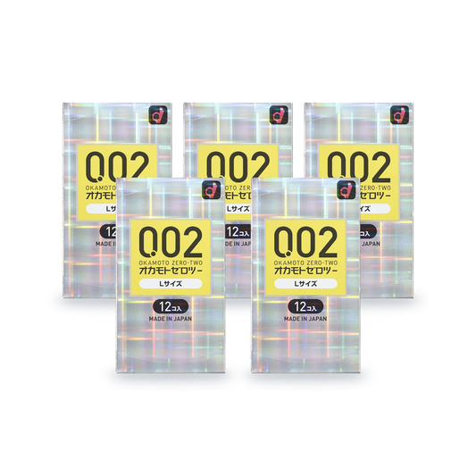 Five Okamoto Zero-Two 002 L size retail boxes, 12 condoms per box, Japanese packaging, front view