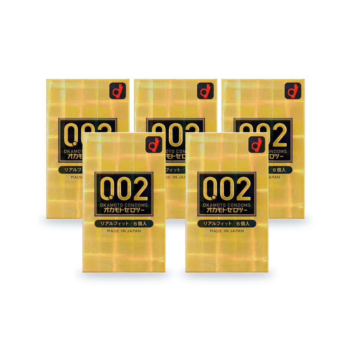 Five gold Okamoto 002 Real Fit retail boxes, 6 condoms per box, Japanese packaging, front view