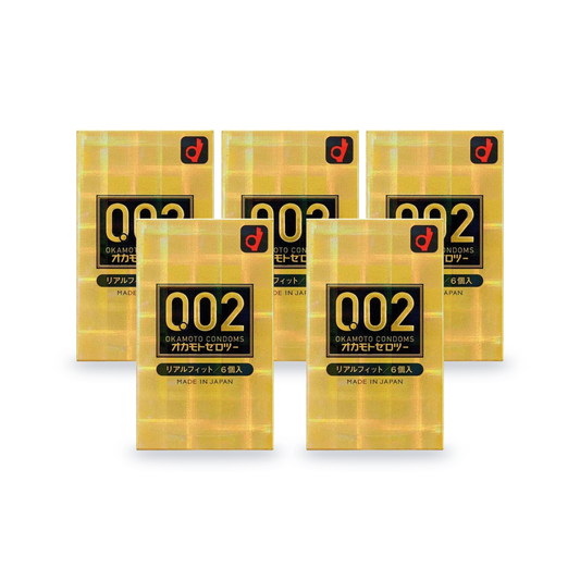 Five gold Okamoto 002 Real Fit retail boxes, 6 condoms per box, Japanese packaging, front view