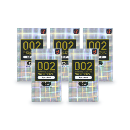 Five Okamoto Zero-Two 002 Standard retail boxes, 12 condoms per box, Japanese packaging, front view