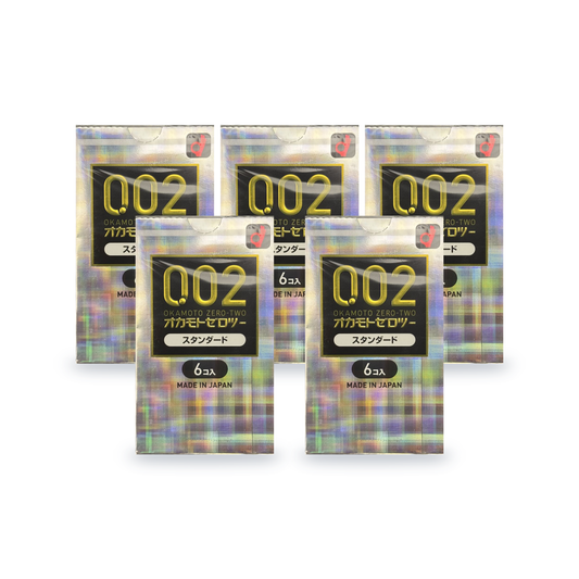 Five Okamoto Zero-Two 002 Standard retail boxes, 6 condoms per box, Japanese packaging, front view