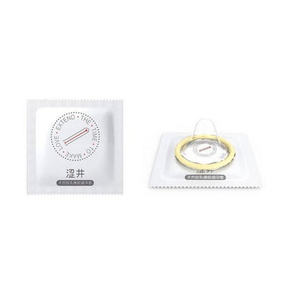 Drywell condom wrapper and an opened wrapper showing the condom ring