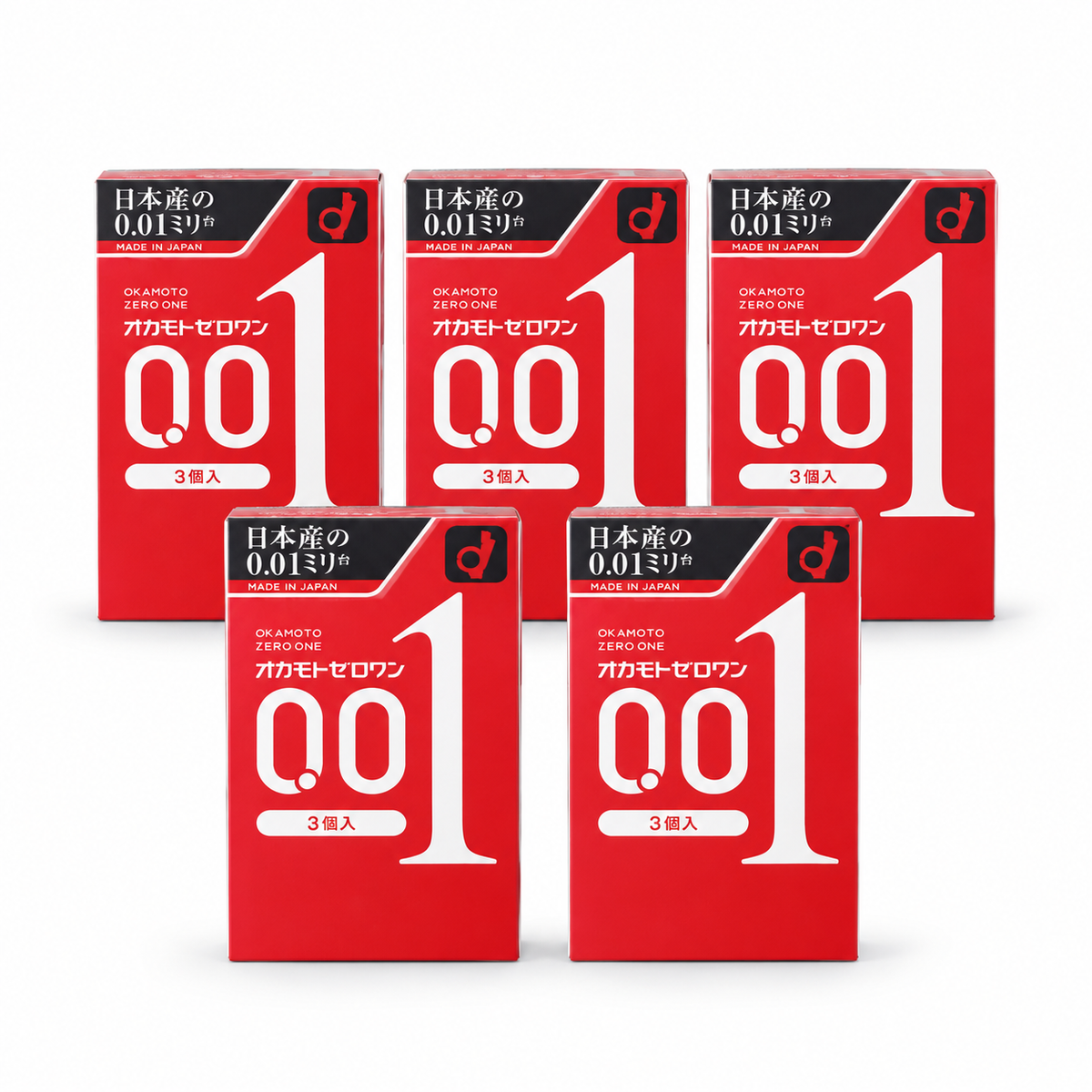Five Okamoto 001 retail boxes, front view