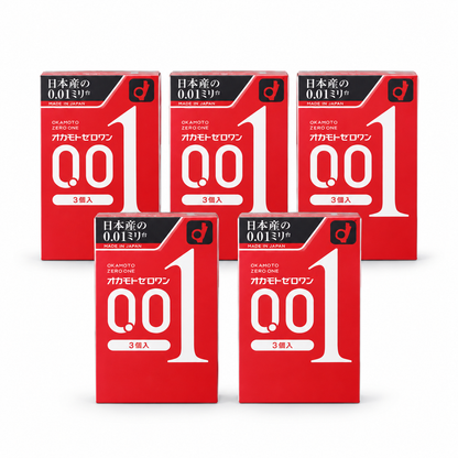 Five Okamoto 001 retail boxes, front view