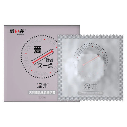 Drywell 3-piece retail box beside a condom wrapper