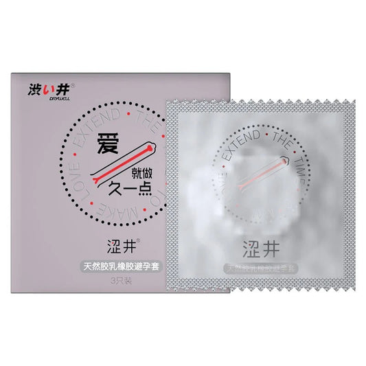 Drywell 3-piece retail box beside a condom wrapper